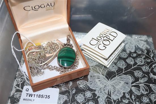 A collection of costume jewellery, including a foliate jadeite brooch, a Clogau pendant,